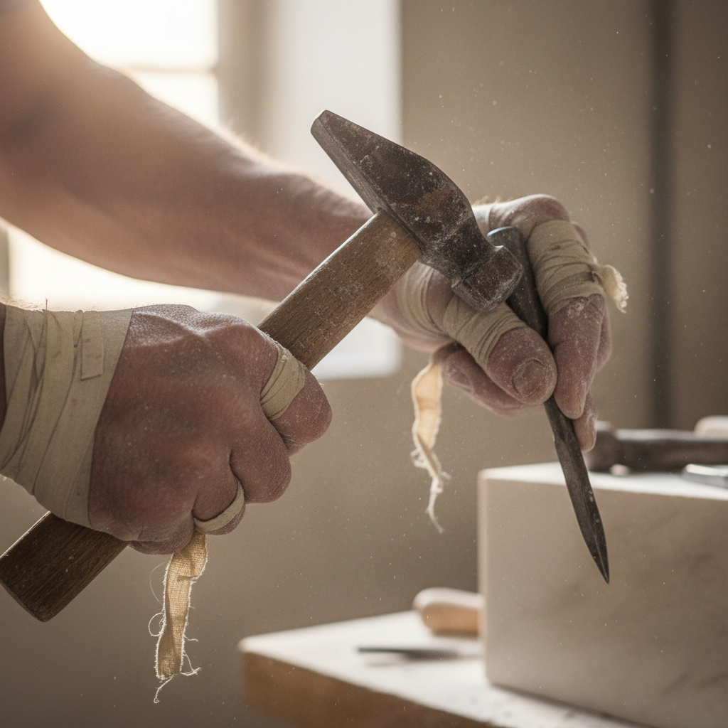 Sculptor's hands holding a hammer and chisel, knuckles tape-wrapped, stone dust visible in creases