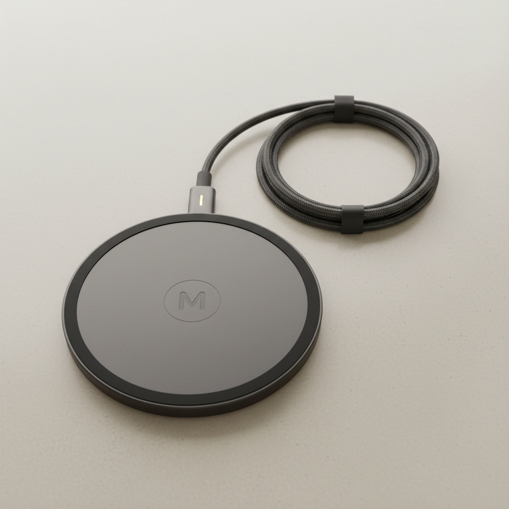 Wireless charging pad with smartphone charging on dark background