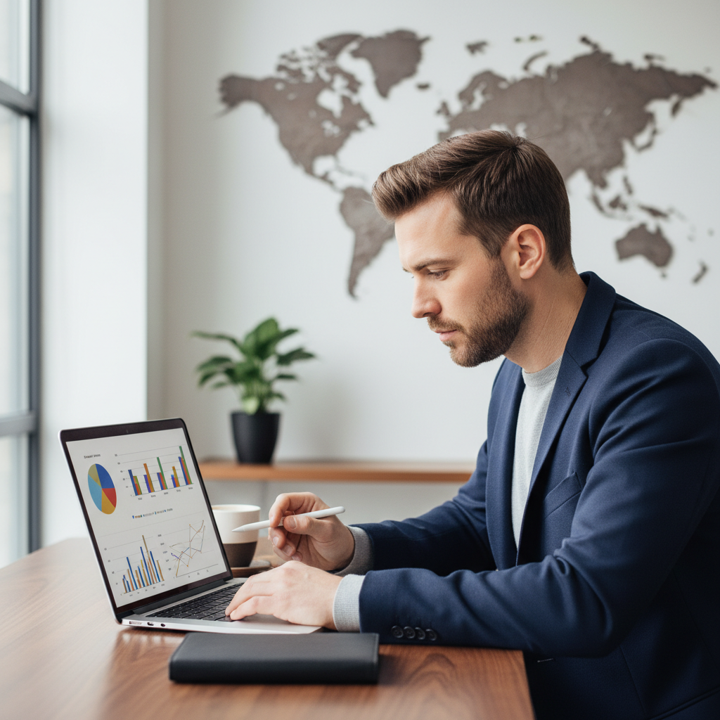 Male retail brand strategist reviewing charts on a laptop at a minimalist desk