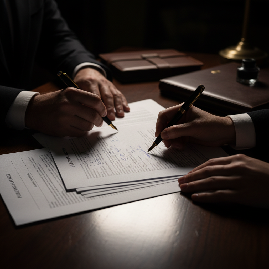 Commercial real estate deal closing paperwork on dark desk, low-key professional lighting, deep shadows, moody atmosphere