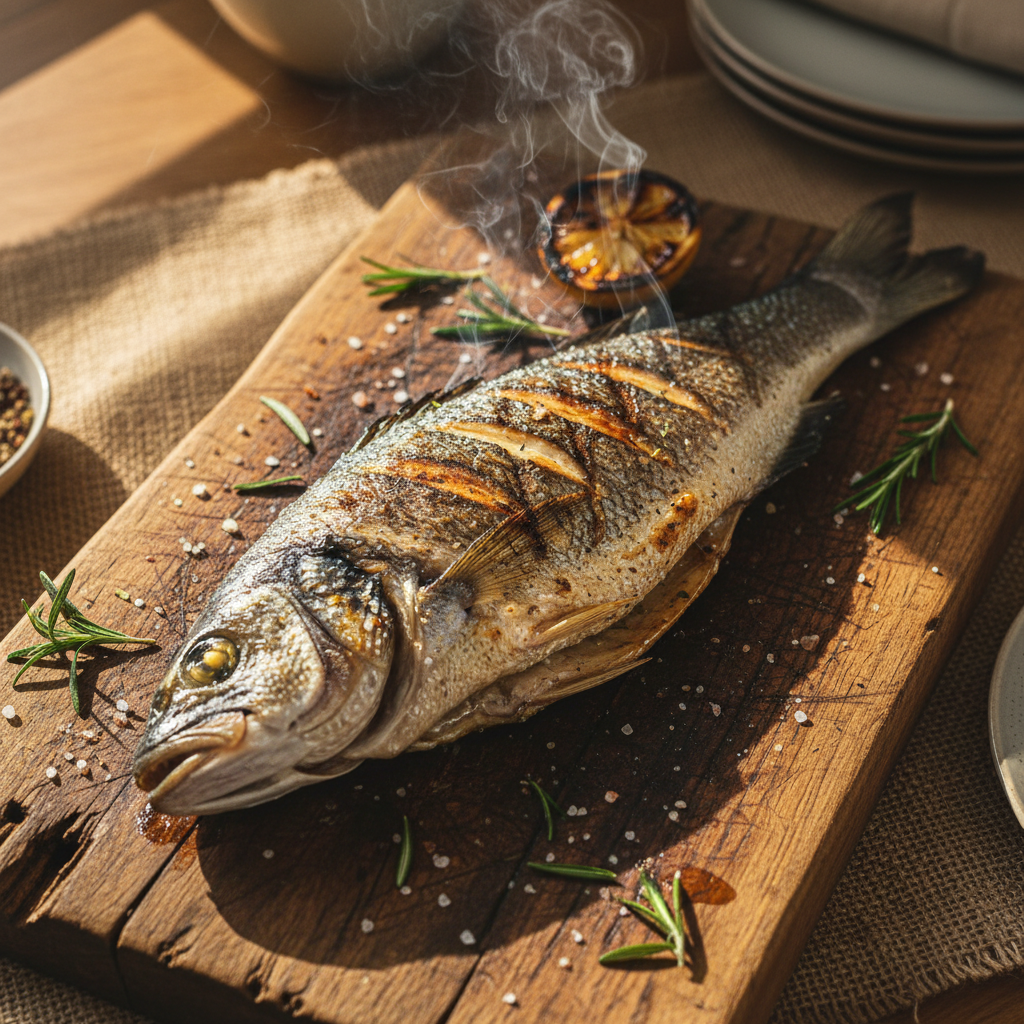 Grilled fish with charred edges on a wooden platter, smoky texture