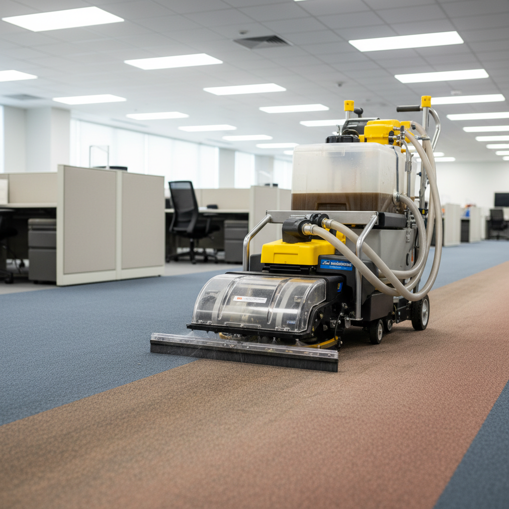 Commercial office cleaning with industrial vacuum equipment on carpeted floor