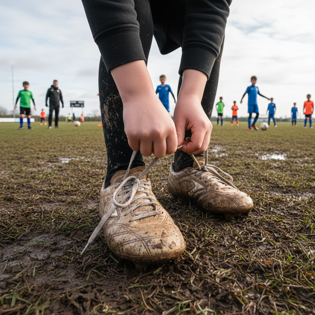 Small boots lacing up on a muddy touchline before a youth football match