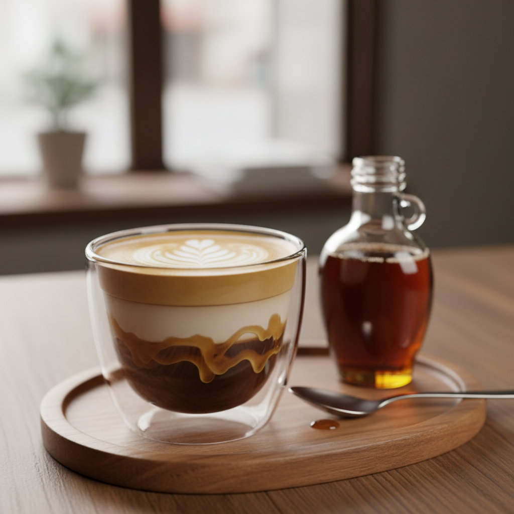 Cortado coffee in a small glass with layers of espresso and steamed milk on a marble surface