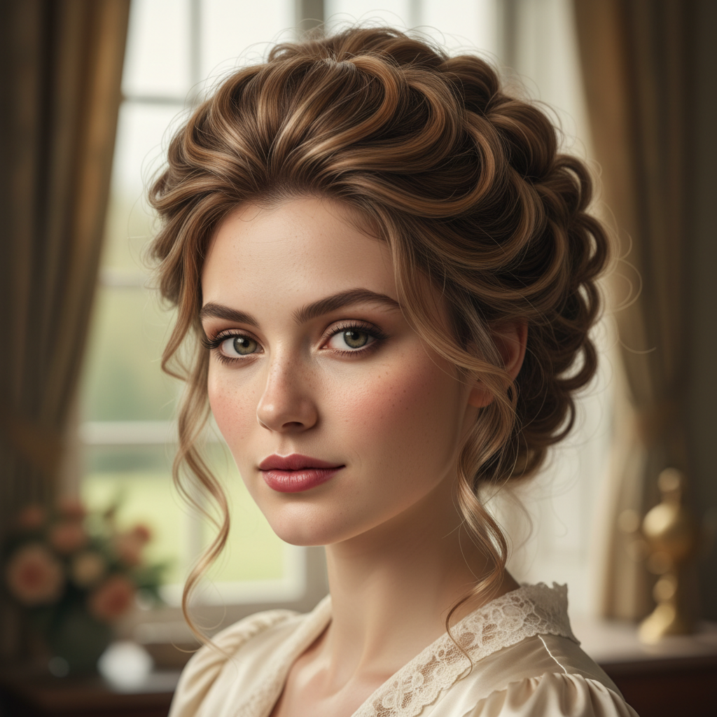 Woman with elegant natural-looking wig styled in an updo