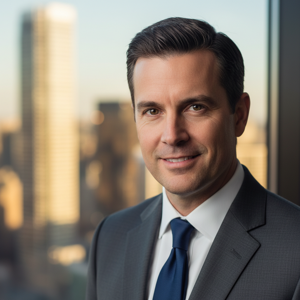 Male executive in dark suit, one catchlight in each eye, city skyline dissolving behind