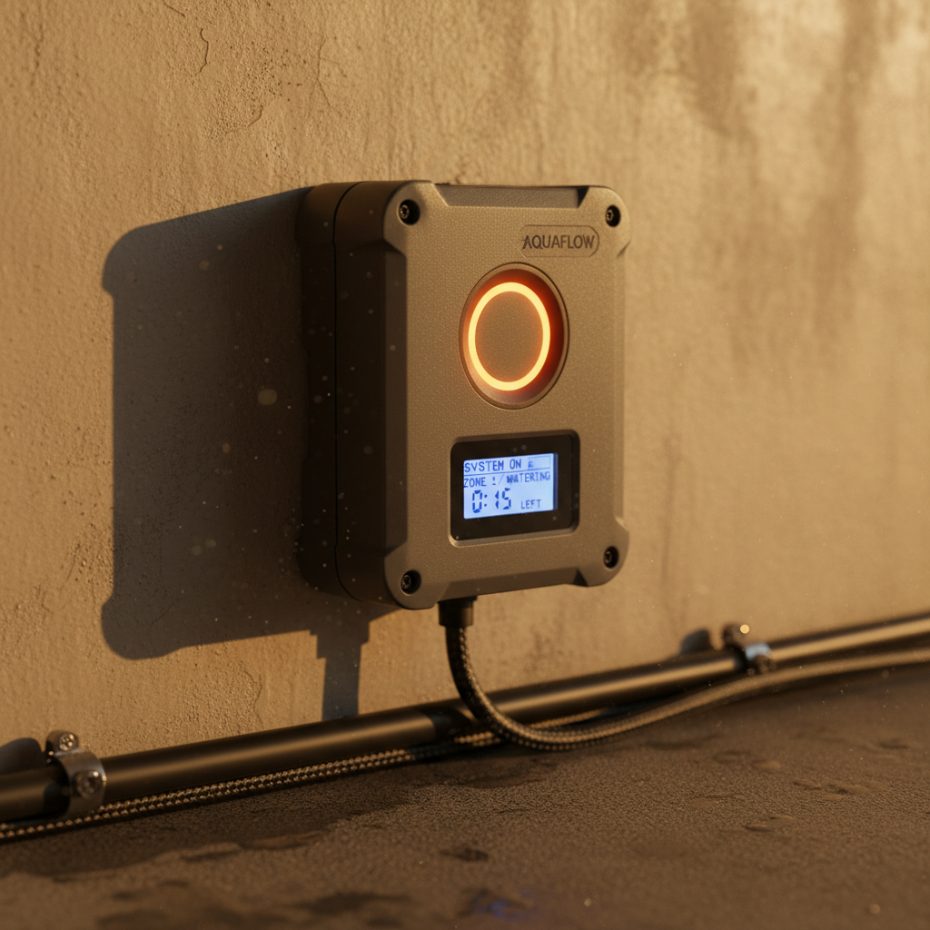 Smart irrigation controller with digital display mounted on wall, bright indoor setting