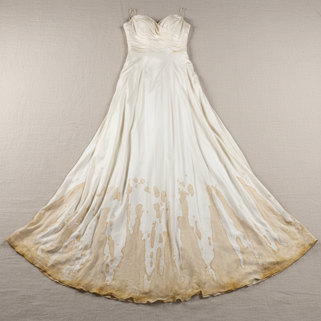 Ivory silk wedding gown with champagne stains and yellowing at the hemline