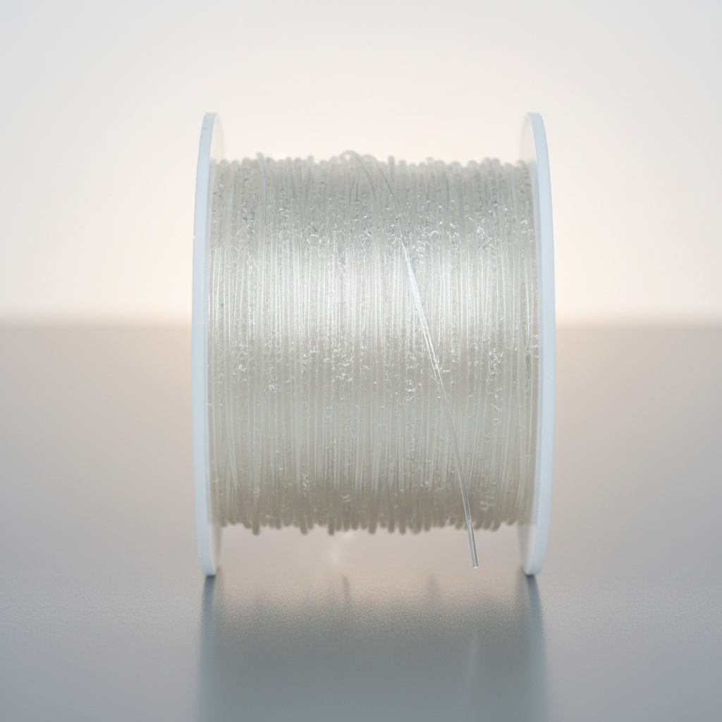 Lab technician examining clear recycled plastic filament strands under bright laboratory lighting