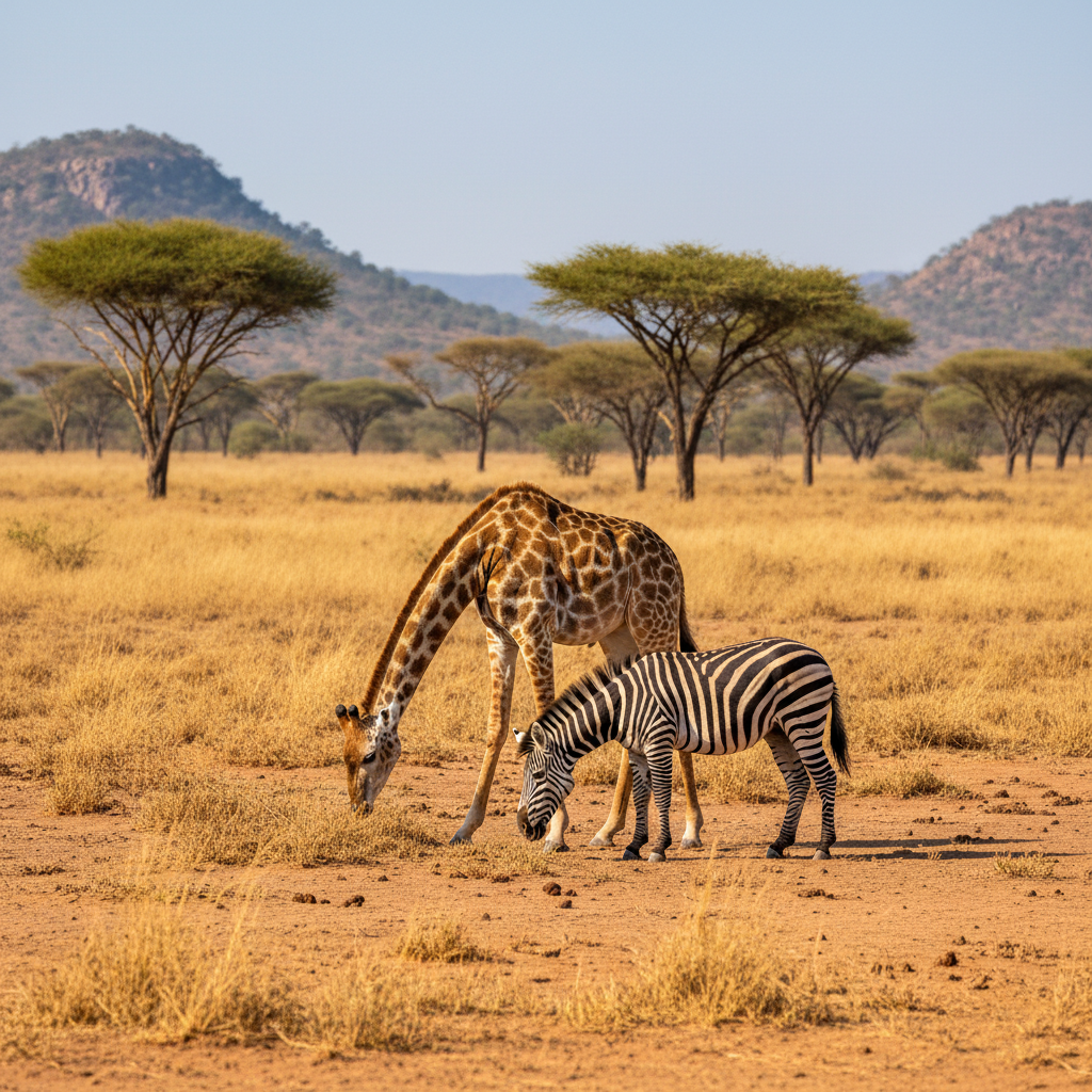 Reticulated giraffe and Grevy zebra in Samburu National Reserve dry landscape