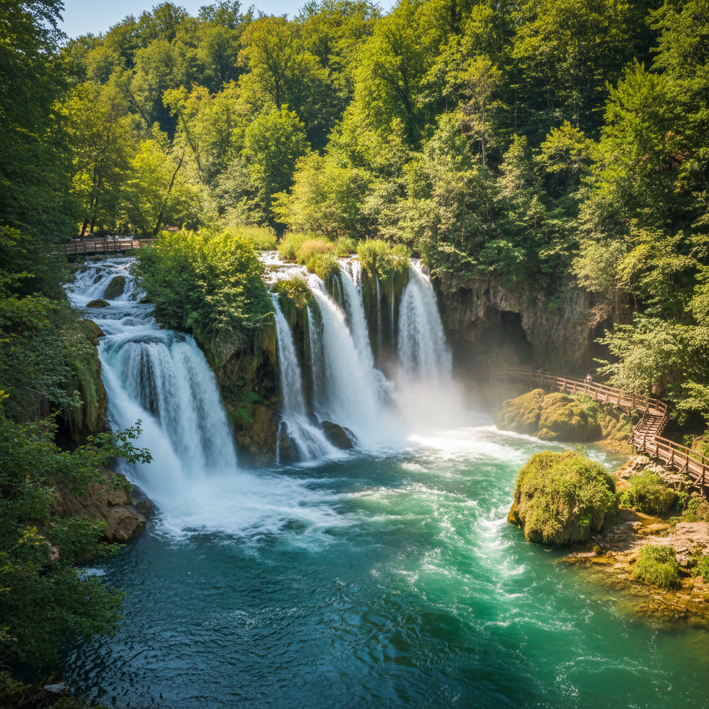 Štrbački buk waterfall in Una National Park Bosnia with dramatic water cascades and green forest