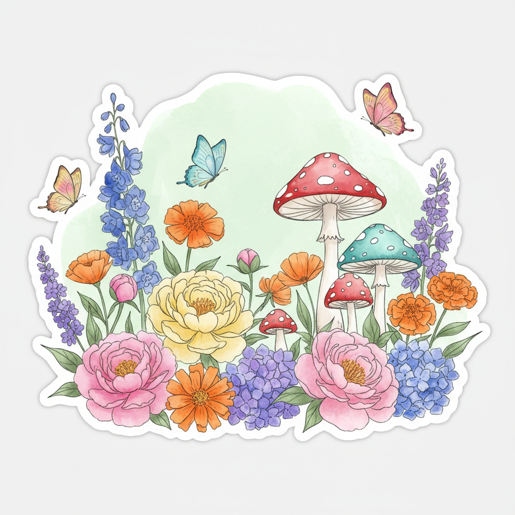Colorful digital illustration of an enchanted garden with vibrant flowers and whimsical characters