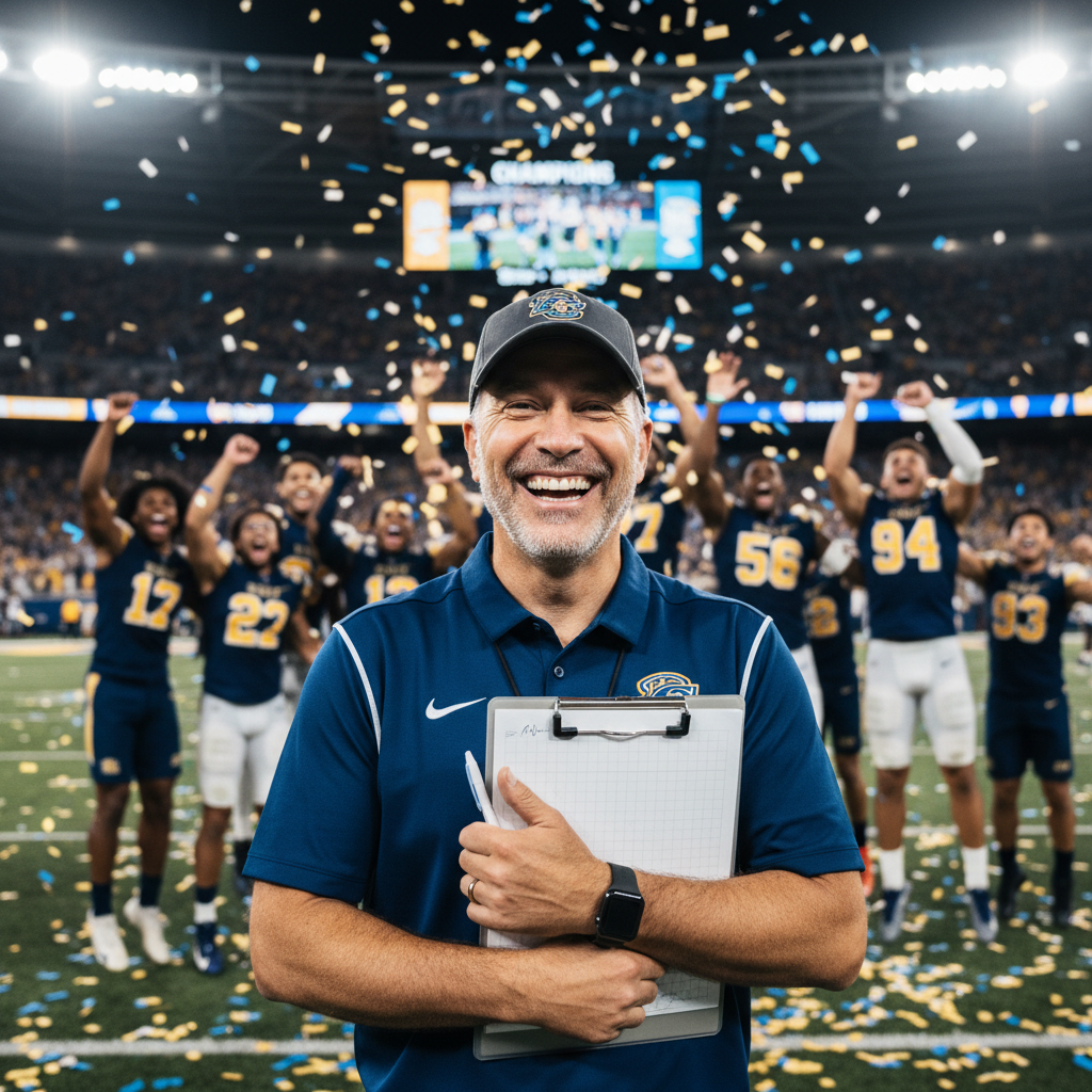 Coach grinning behind clipboard as team celebrates tournament win