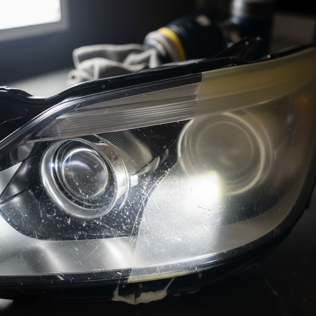 Foggy oxidized car headlight before restoration showing yellow discoloration and reduced clarity
