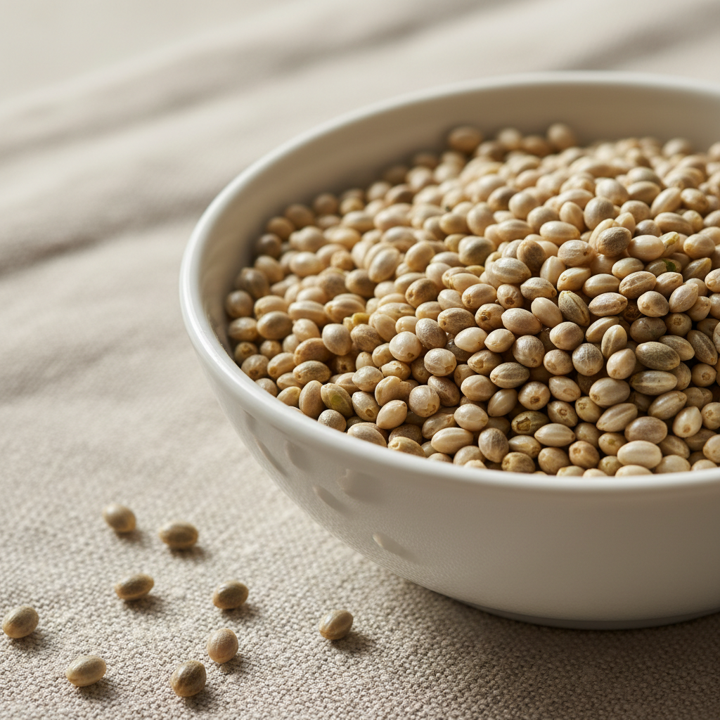 Small bowl of organic hemp seeds on a natural linen cloth with green plants in the soft-focus background