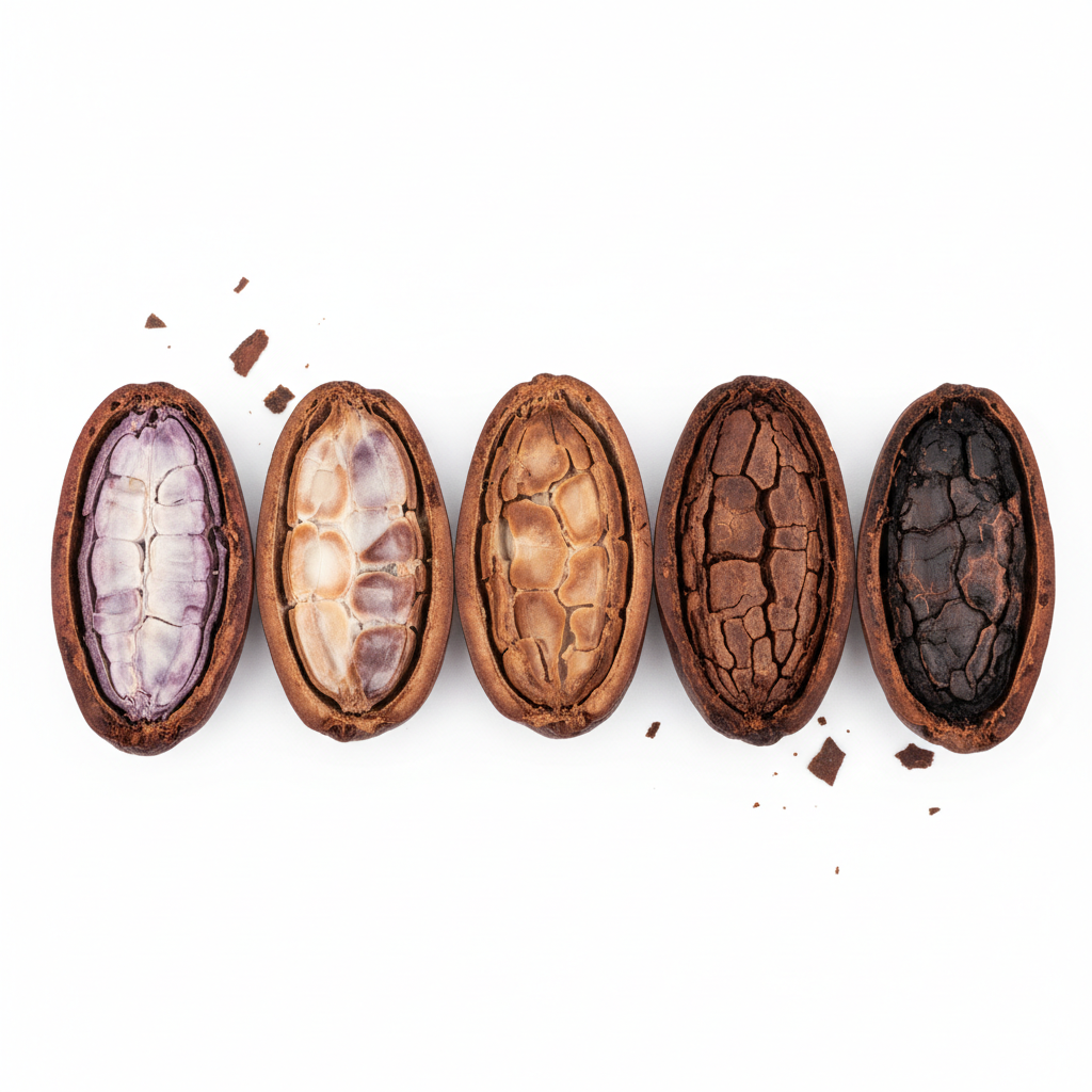 Cocoa bean cut test showing fermentation levels, cross-section view on white background