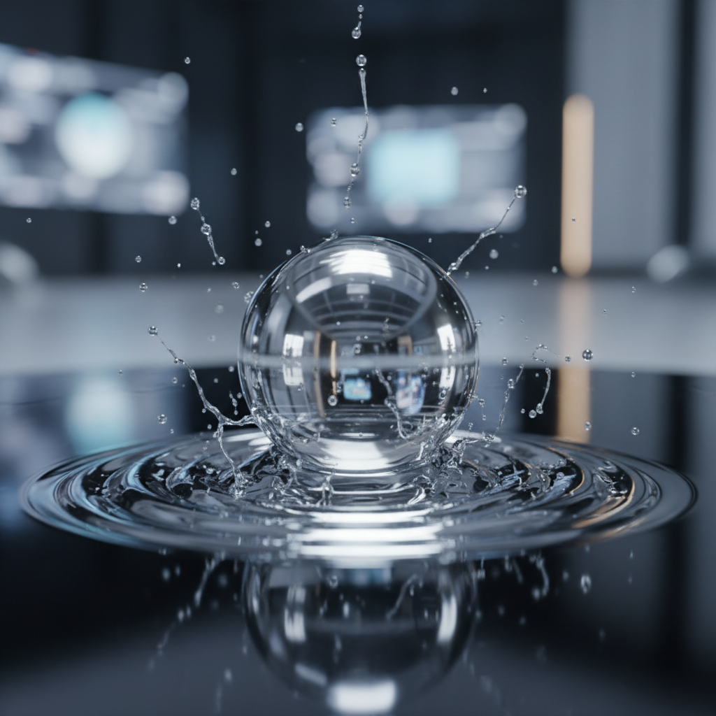 Liquid simulation still — mercury-like fluid captured at peak surface tension