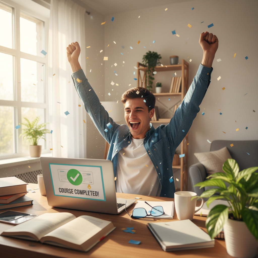 Student celebrating completion of an online course with laptop open, bright warm room