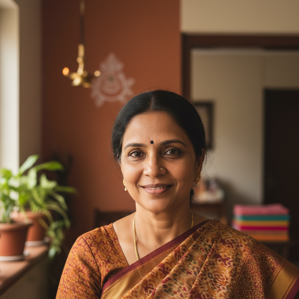Indian woman with warm smile, light indoor background