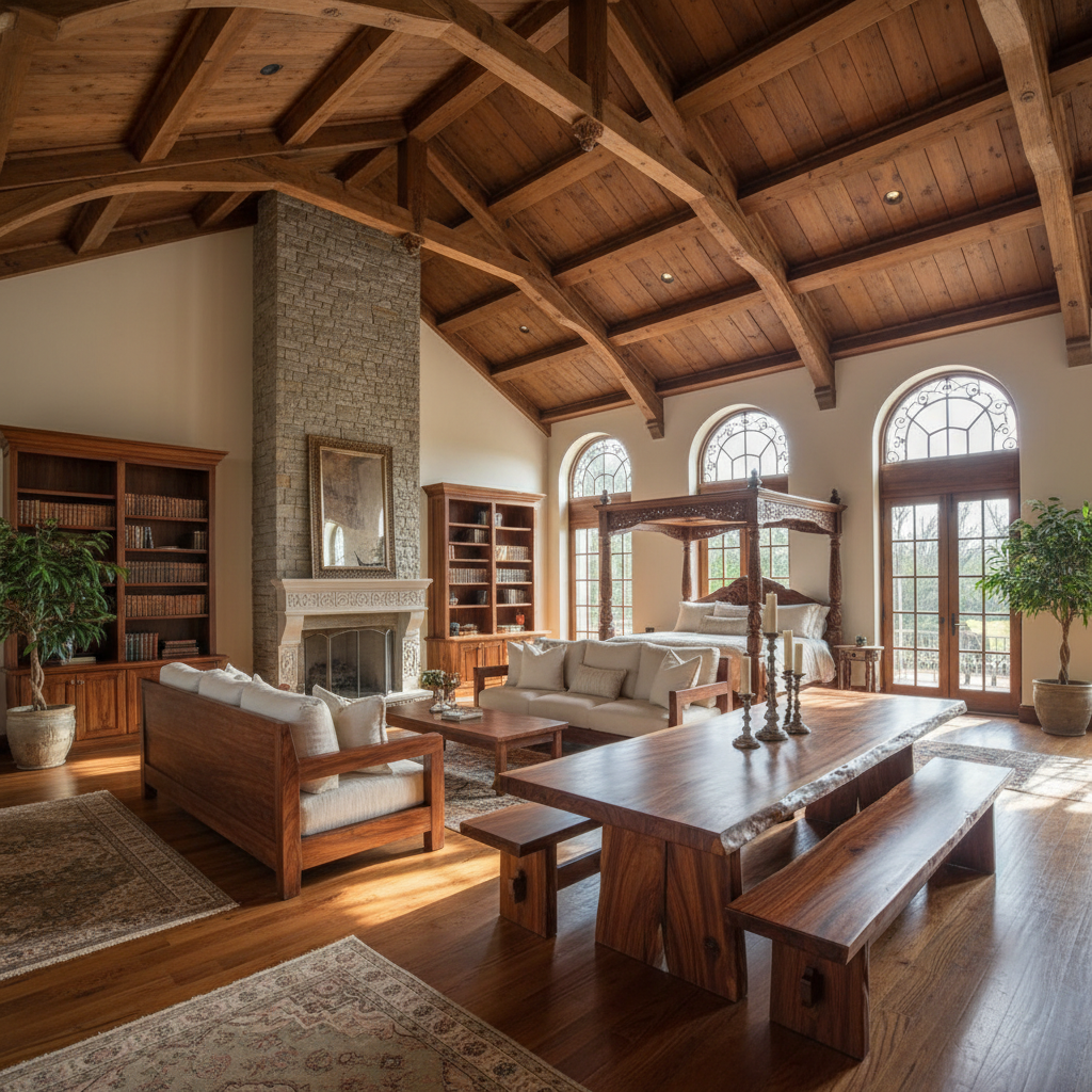 Grand suite living room, vaulted ceiling, stone and timber, panoramic windows, luxury furniture, evening light