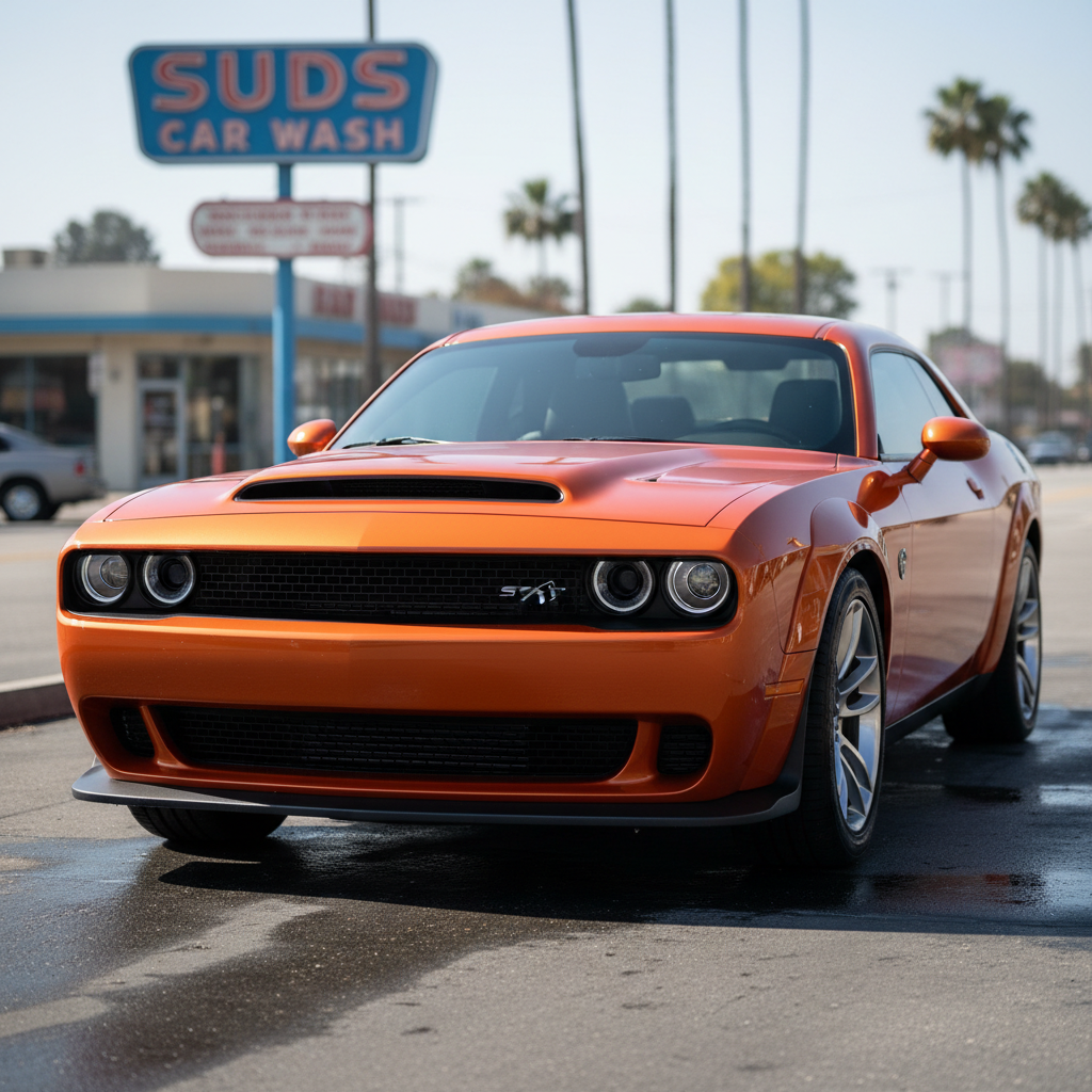 Orange Dodge Challenger muscle car with chrome polished to perfection at Suds