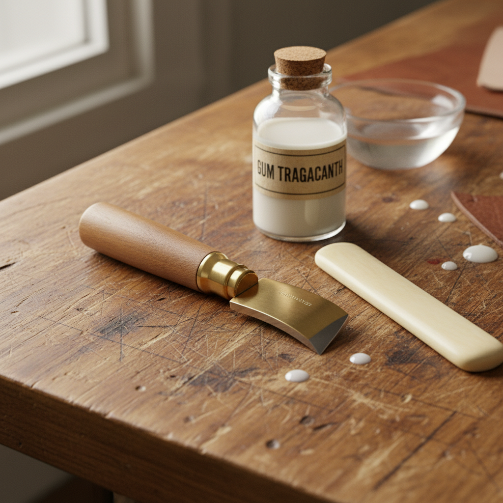 Leather cobbler tools laid out on a worn workbench — awl, bone folder, edge beveler, hammer