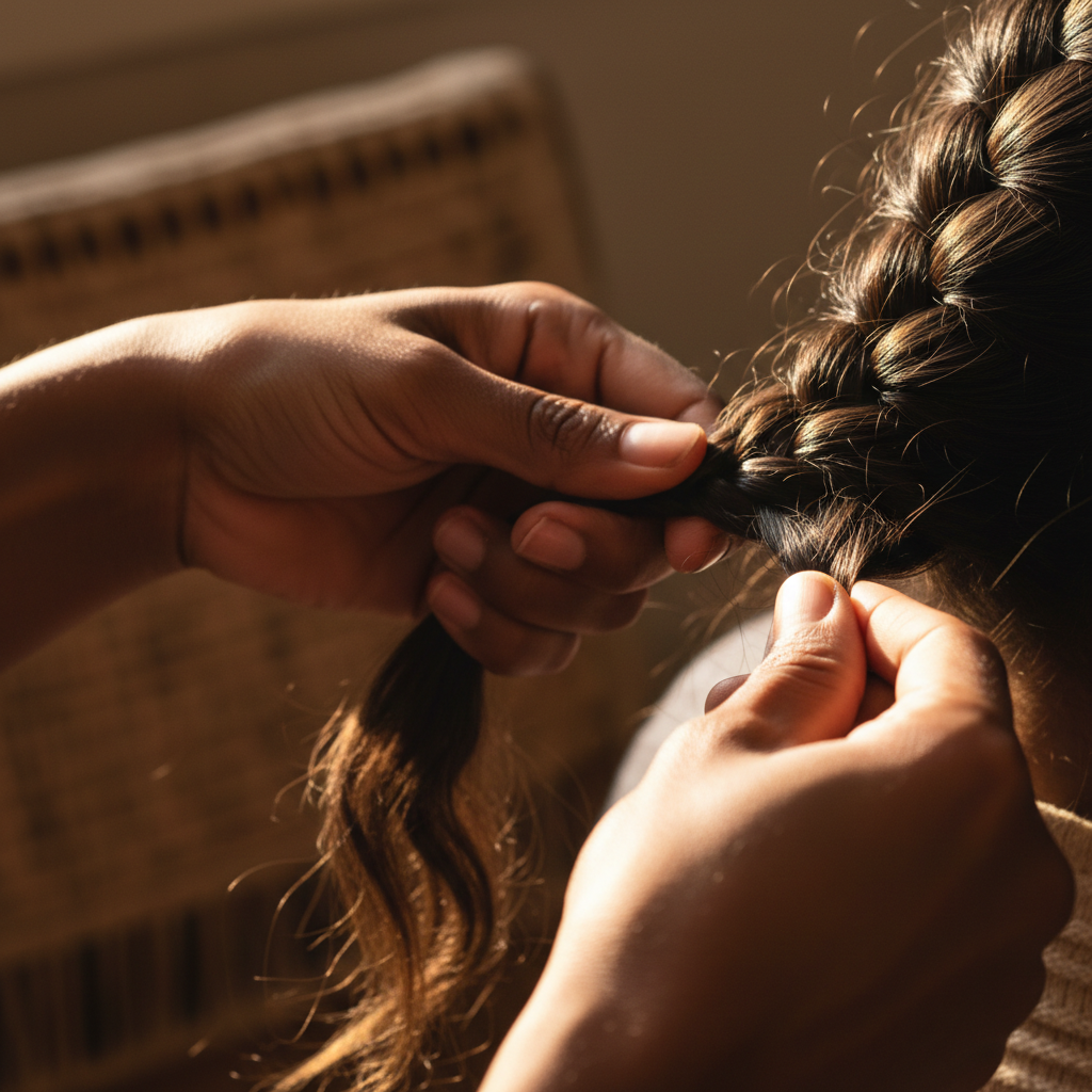 Close-up of hands braiding hair, golden light on dark skin, documentary scene