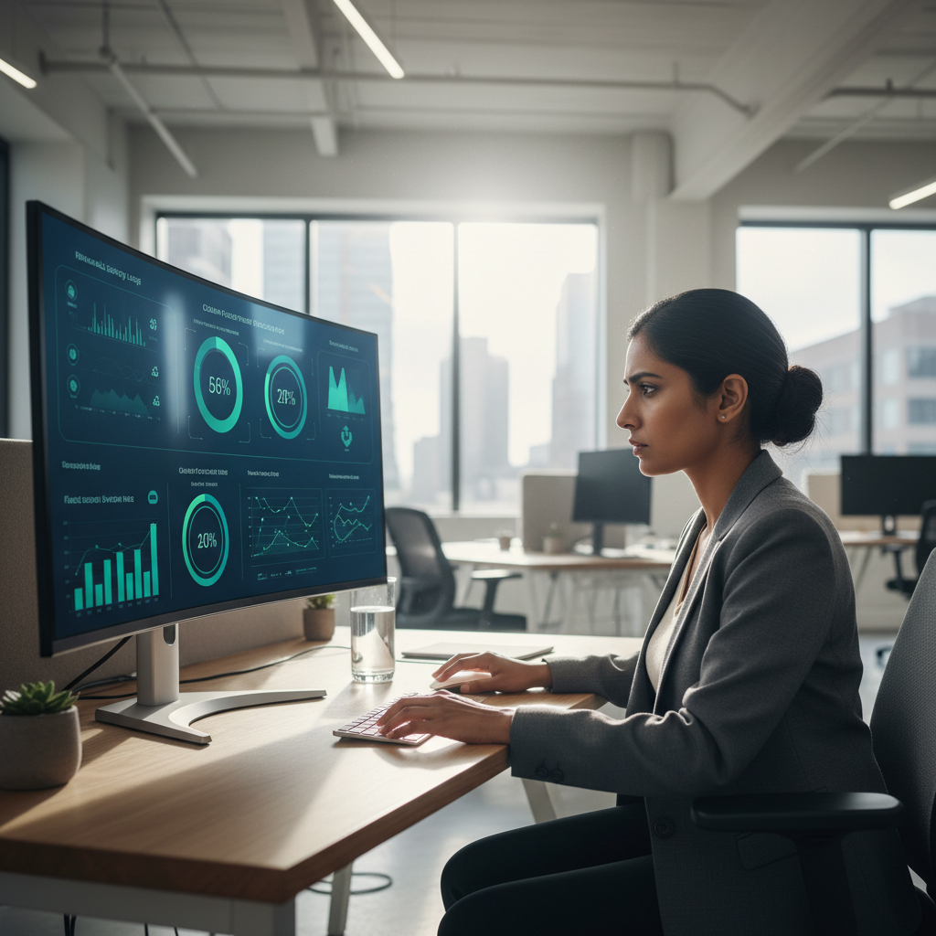 Professional Indian female sustainability executive in corporate office setting