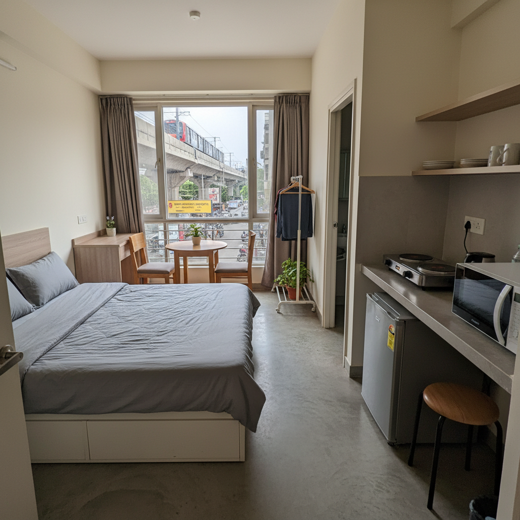 Compact 1BHK flat interior with furnished living area near metro connectivity