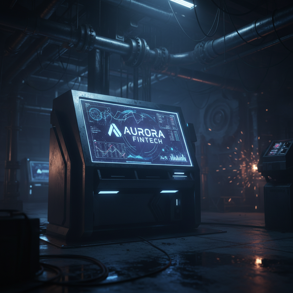Dark banking terminal interface with glowing screen, dim industrial environment, low-key shadows
