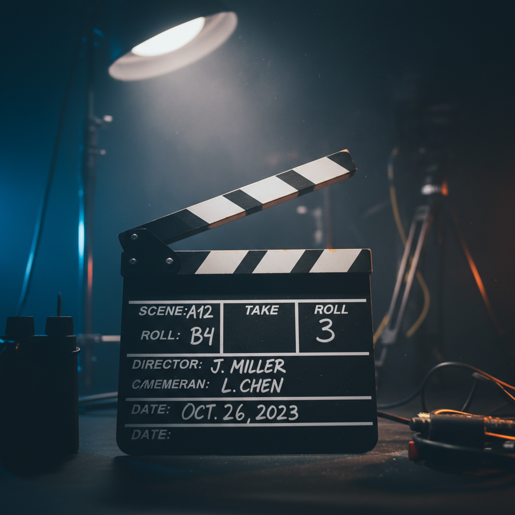 Film production clapperboard with dramatic cinematic lighting