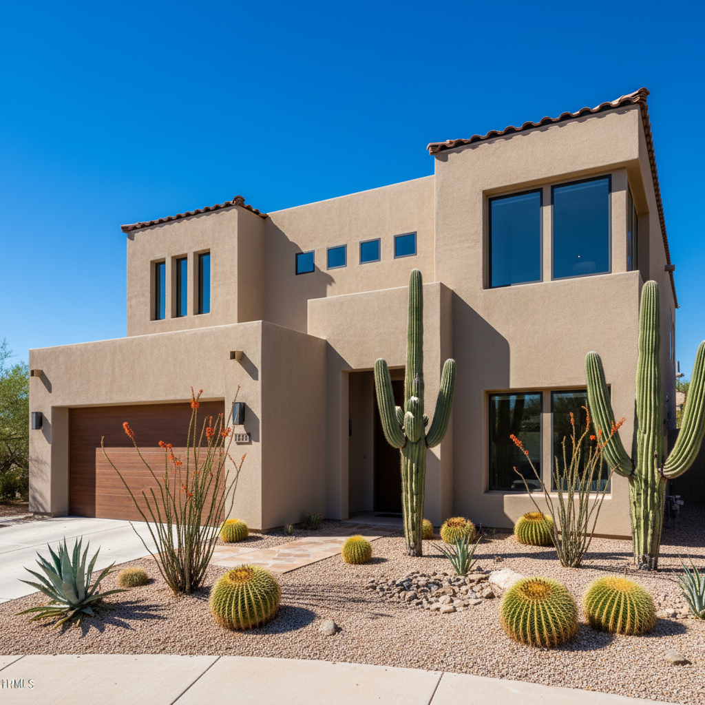 Contemporary white stucco home with manicured lawn and two-car garage