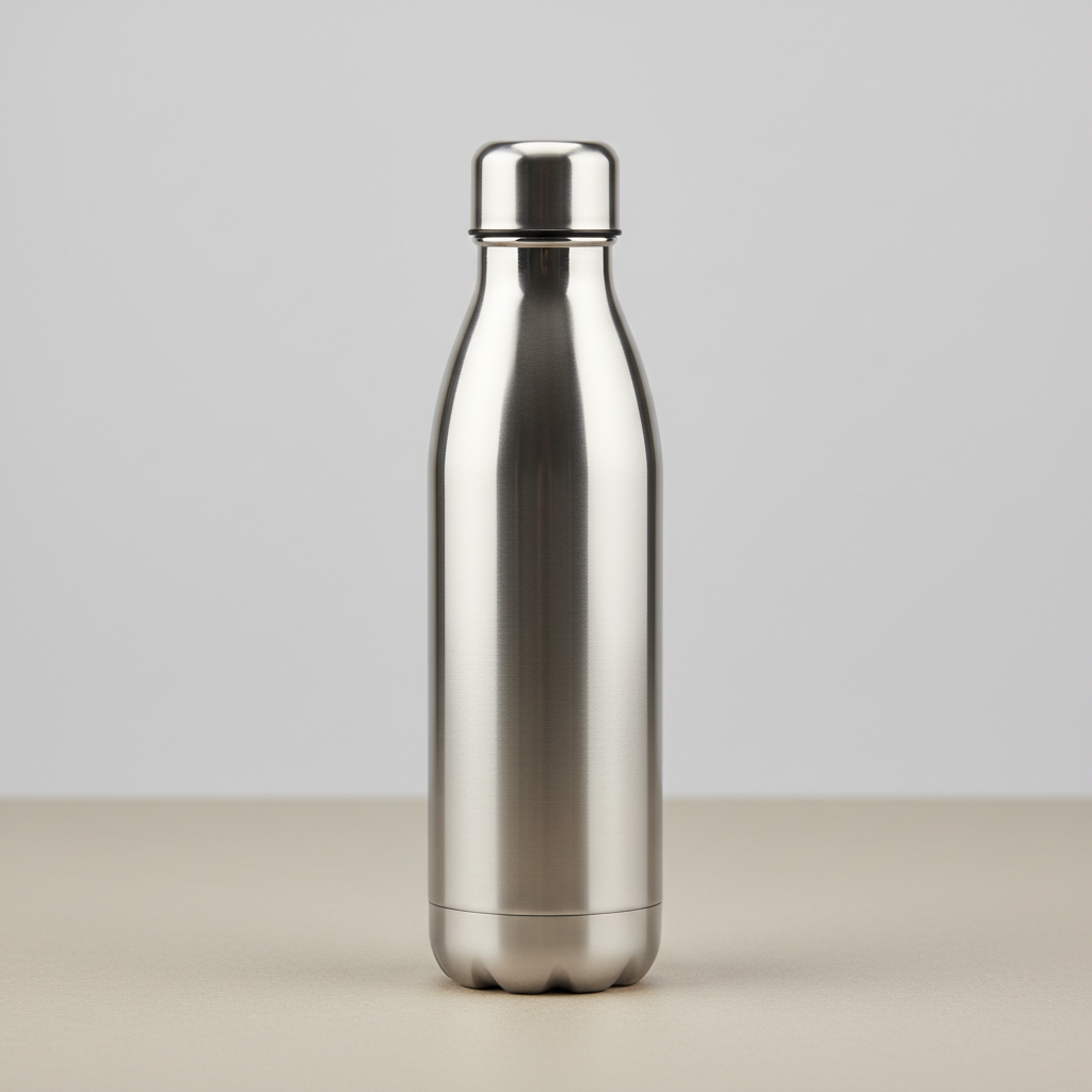 Plain silver stainless steel bottle with no design, boring and generic looking