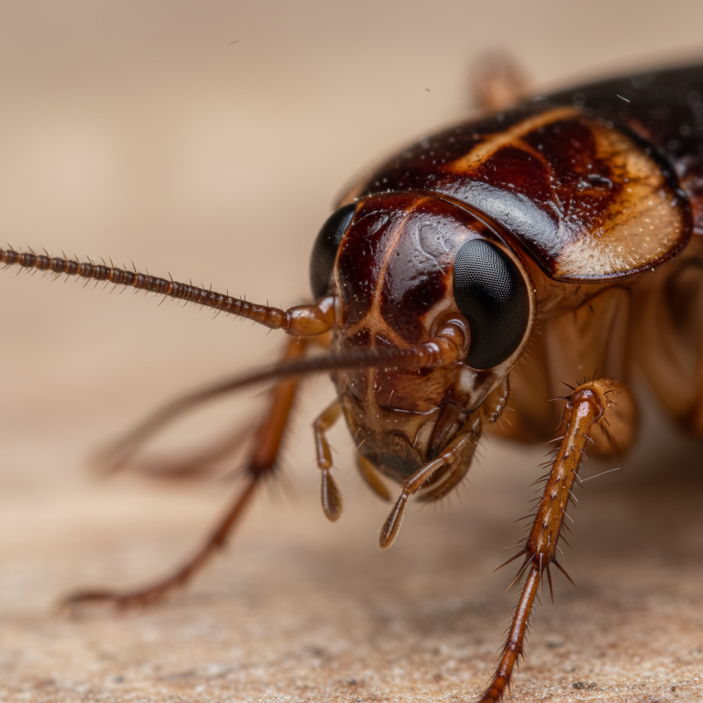German cockroach macro photograph showing antenna and compound eyes in extreme detail