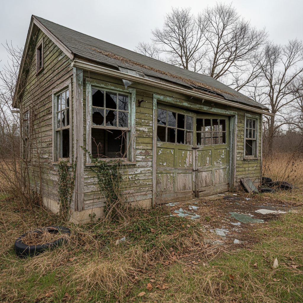 Dilapidated detached garage before conversion, peeling paint and broken windows