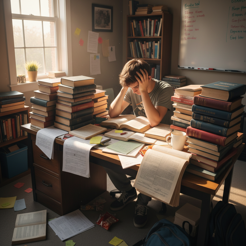 Student overwhelmed at desk with stacks of textbooks and course catalogs spread everywhere