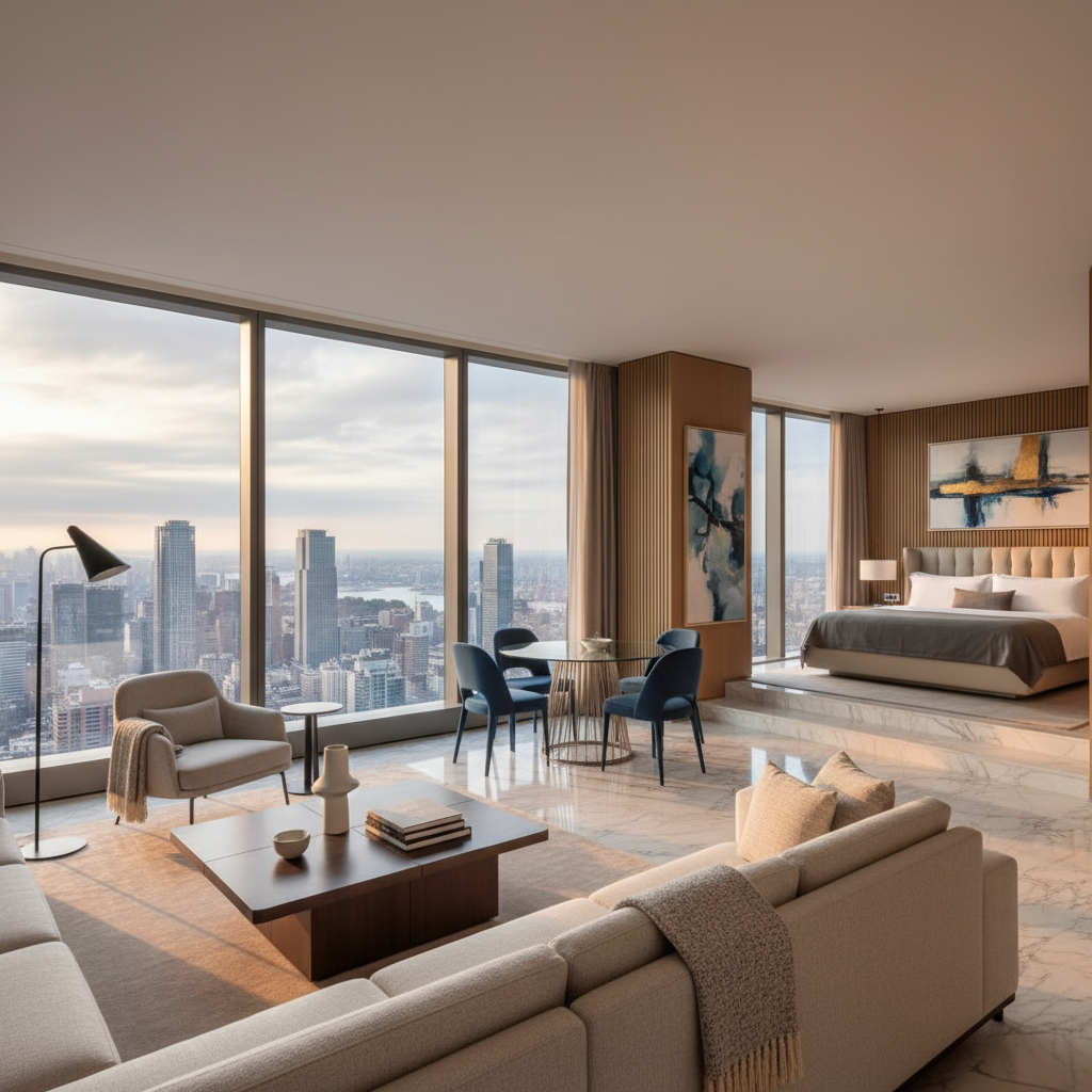 Elegant hotel suite with floor-to-ceiling windows