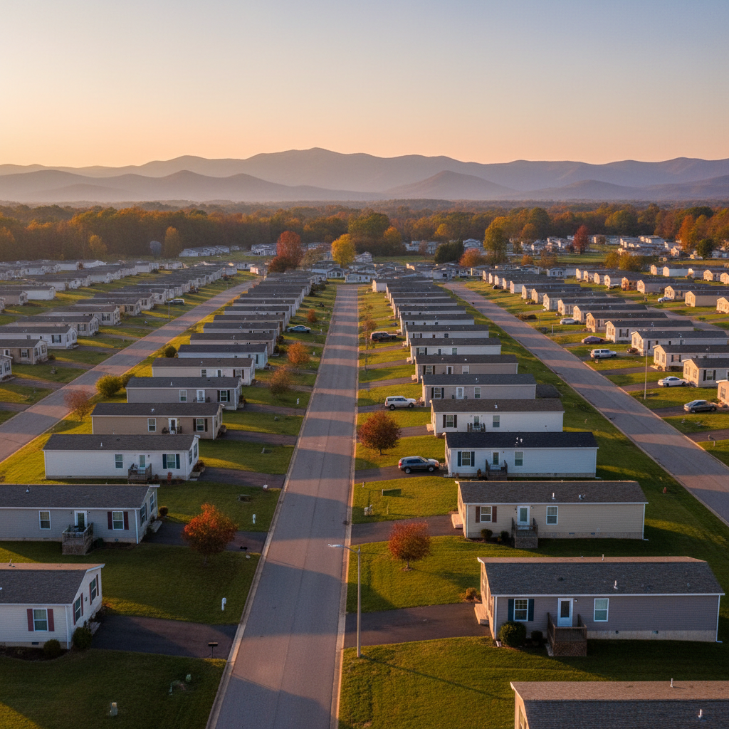 Manufactured housing community near Blue Ridge Mountains with evening light on homes