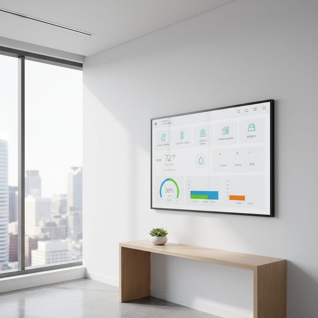Modern building interior with sensors mounted on ceiling, clean industrial aesthetic, dim blue ambient lighting