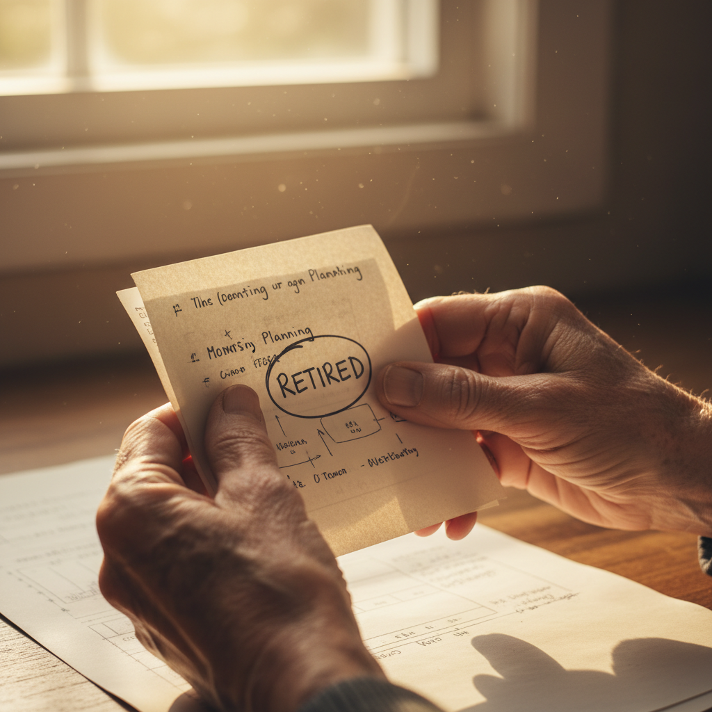 Elderly hands holding a completed planning document, warm light filtering through a window
