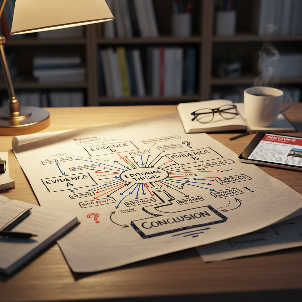 Structured diagram on paper showing argument connections and logical flow in an editorial workspace with warm desk lighting