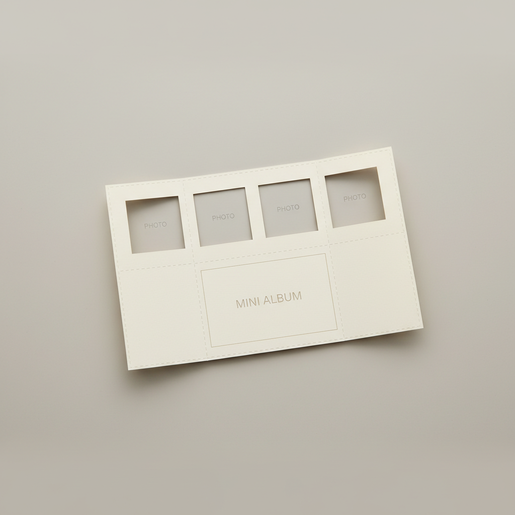 Mini album template showing a compact accordion-fold design with four photo windows and title block