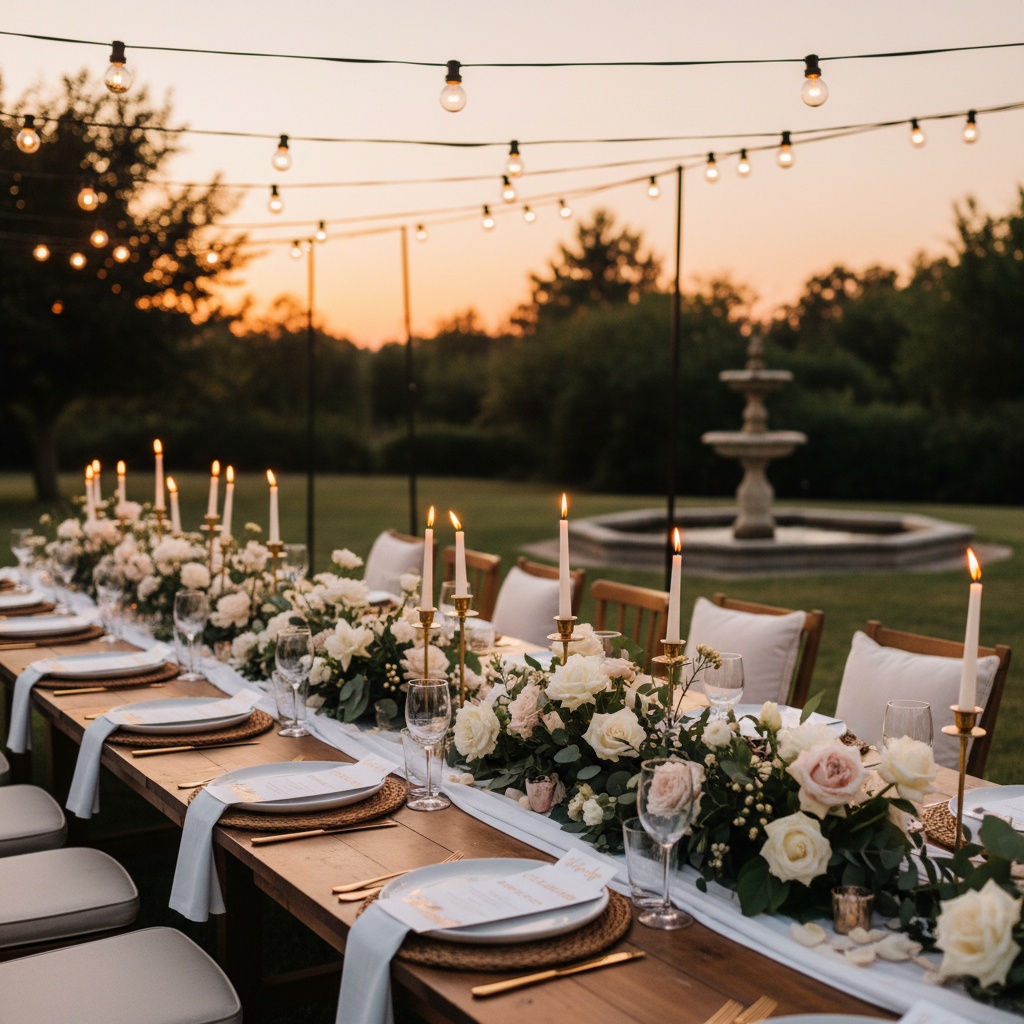 Outdoor dinner event at sunset with warm lighting
