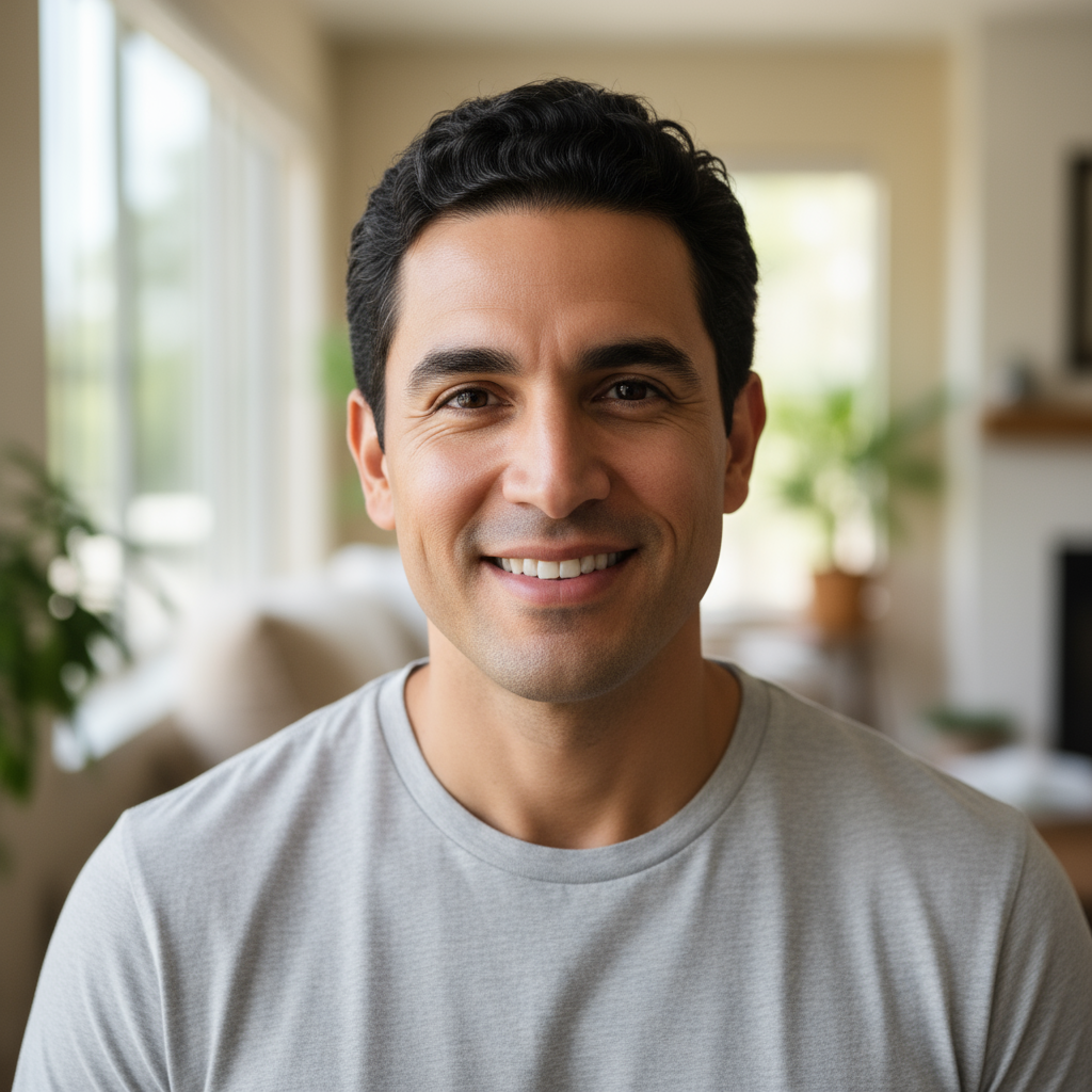 Honduran man with friendly smile in casual setting natural light