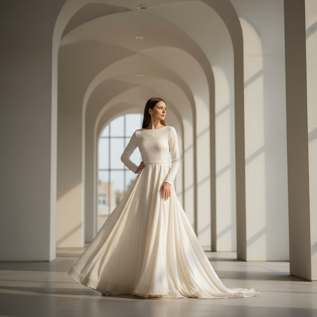 Womenswear collection model in elegant flowing dress, bright open studio, soft natural light