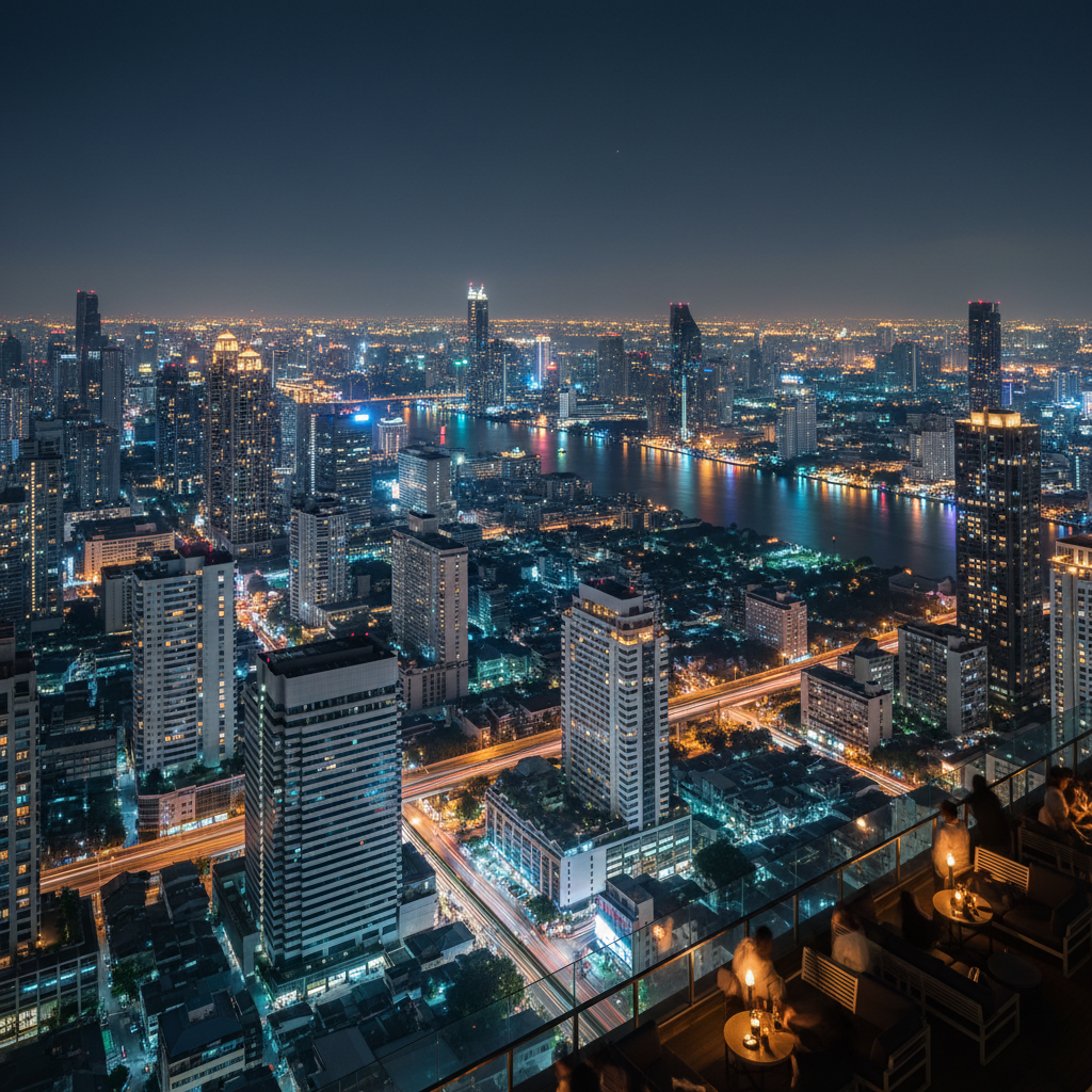 Bangkok city skyline at night viewed from rooftop bar with glittering lights and skyscrapers