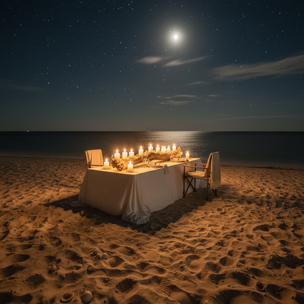 Beachside dining table with candles, seafood spread, dark atmospheric evening lighting, ocean in background