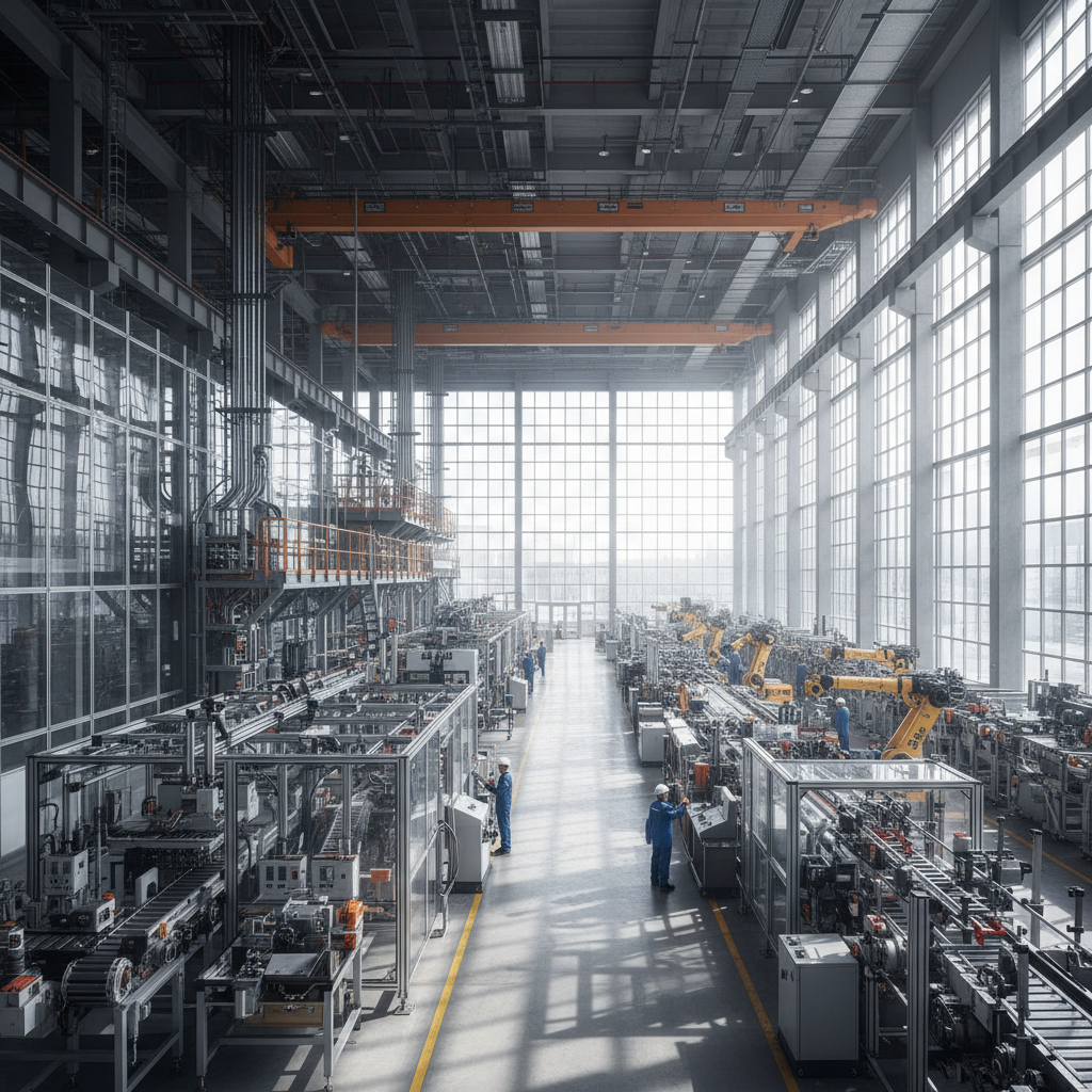 Línea de producción industrial antes de automatización, maquinaria manual en planta oscura