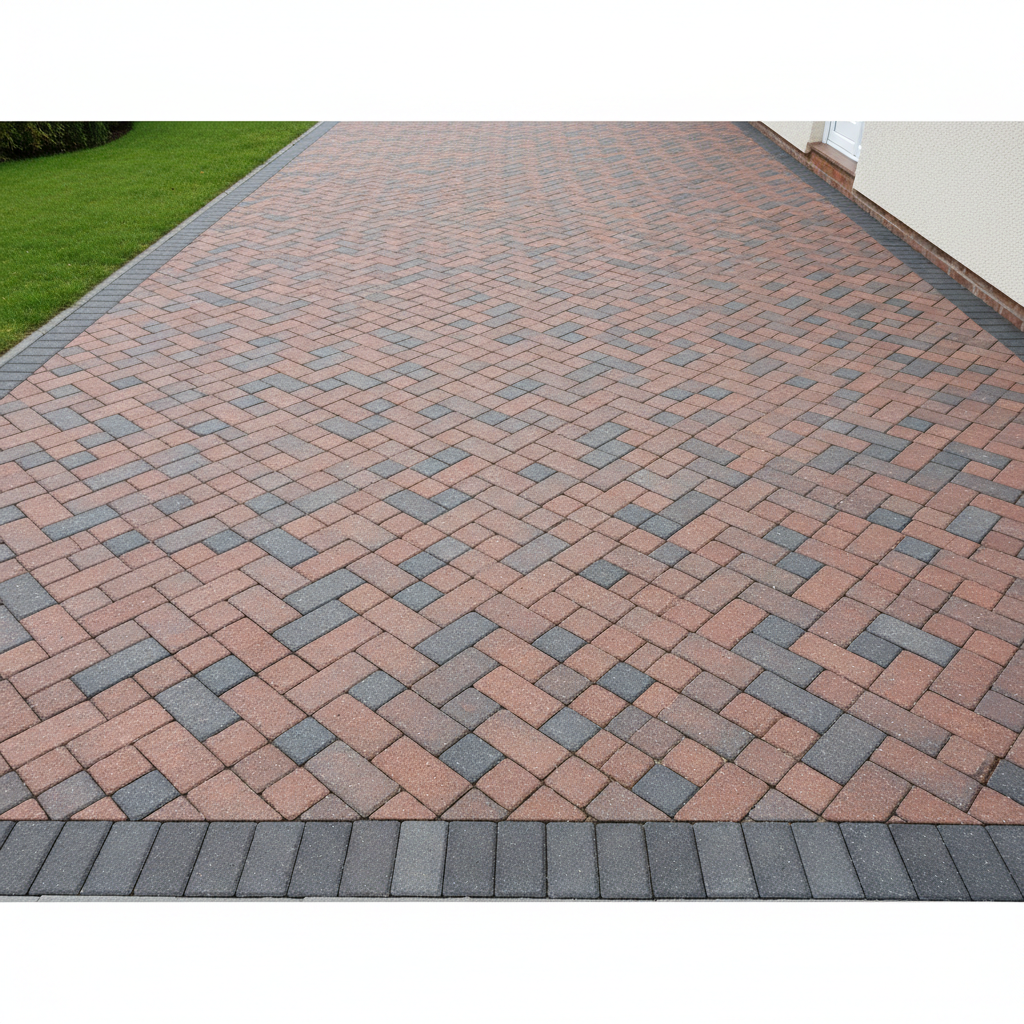 Interlock paving driveway with neat pattern in bright outdoor residential setting