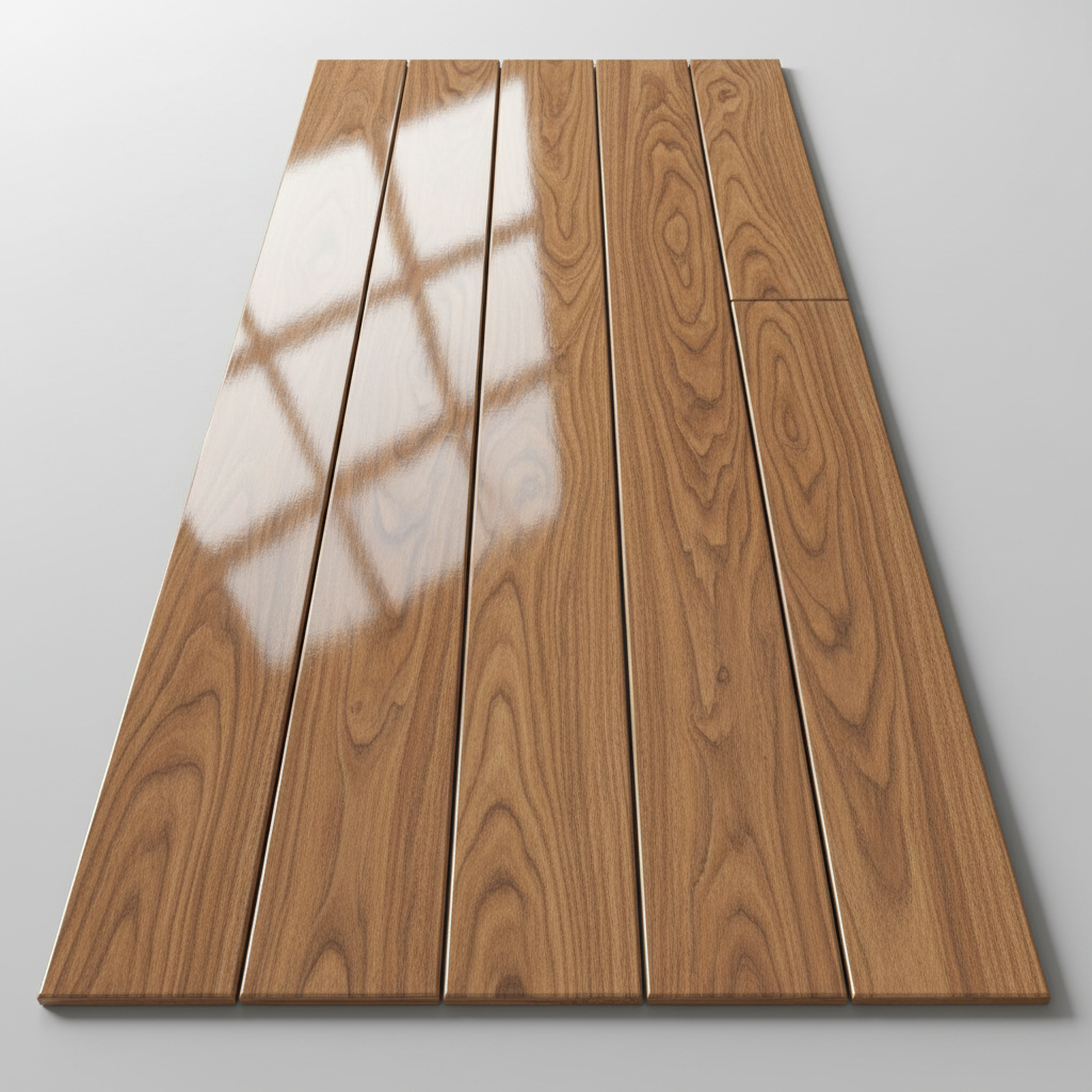 Hardwood flooring planks with glossy UV finish under industrial lighting